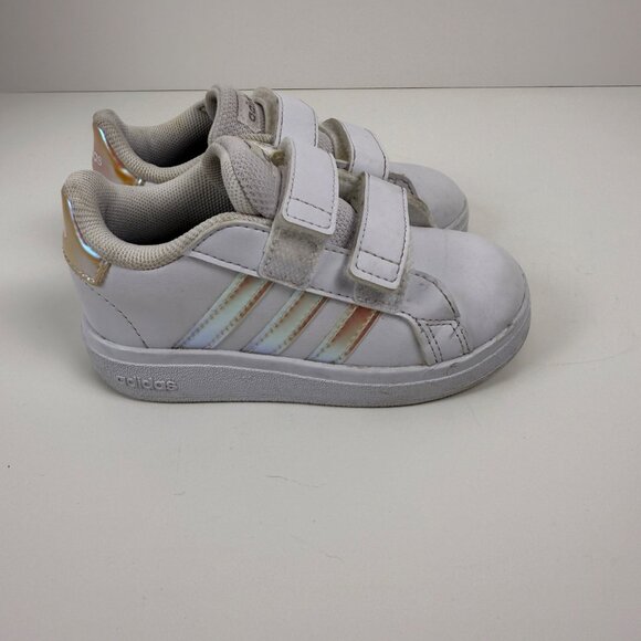 Adidas Kids White Velcro Sneakers Iridescent Stripes Size 7K‎ - Picture 2 of 7